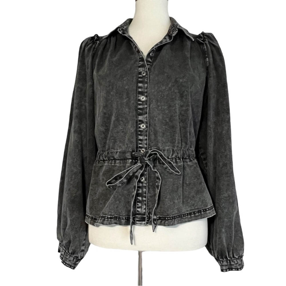 Fashion Nova Karmen Puff Sleeve Blouse in Black Wash Size Large - Picture 3 of 12